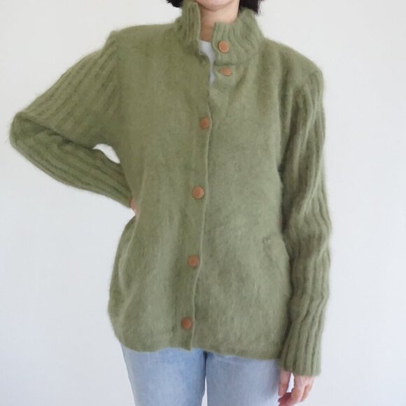 Sweaters - Vintage Carrie A Lee Olive Green Angora Button Up Sweater Cardigan M L